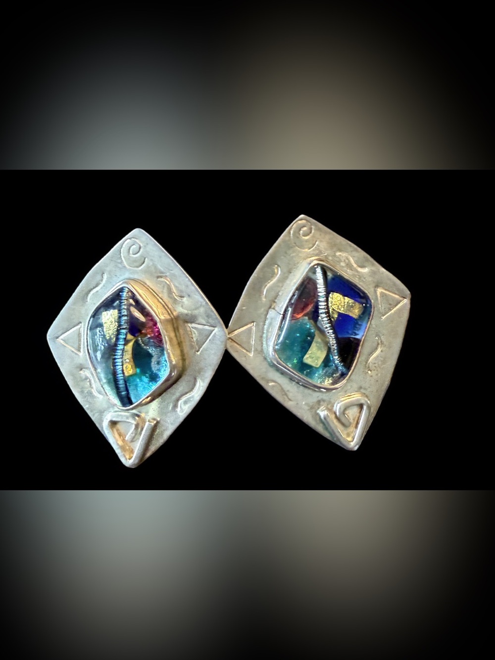 Vtg Barbara Sucherman Sterling Silver Fused Dichroic Art Glass Earrings Signed